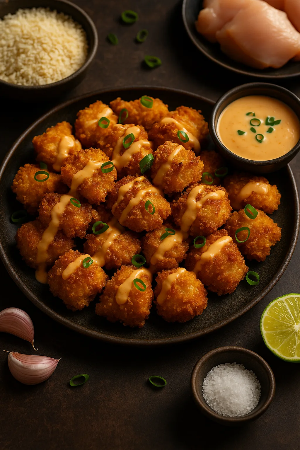 Plate of crispy Bang Bang Chicken with creamy sauce and green scallions, surrounded by fresh ingredients in cinematic lighting