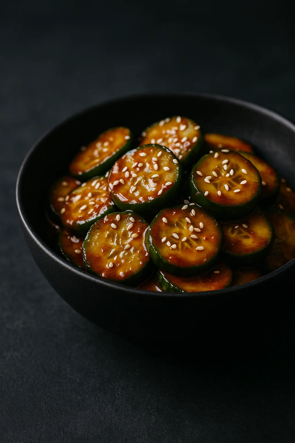 Peanut Chili Crisp Cucumber Salad in a matte black ceramic bowl on a dark slate surface, garnished with sesame seeds