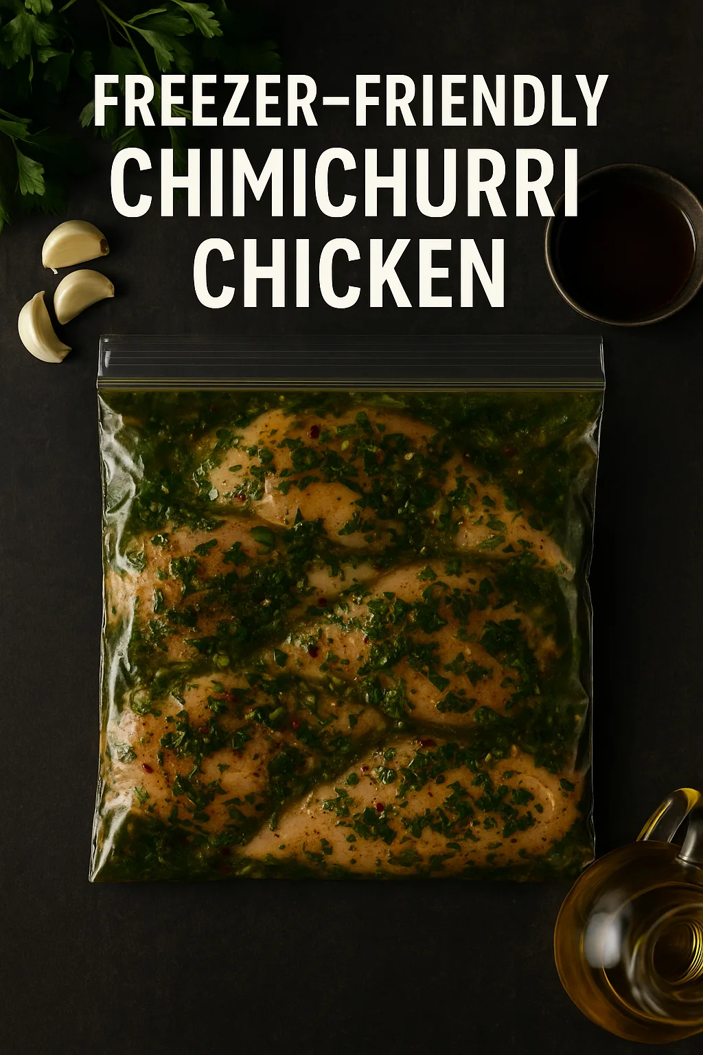 Chimichurri chicken marinade in a freezer bag with fresh herbs and ingredients arranged on a wooden cutting board