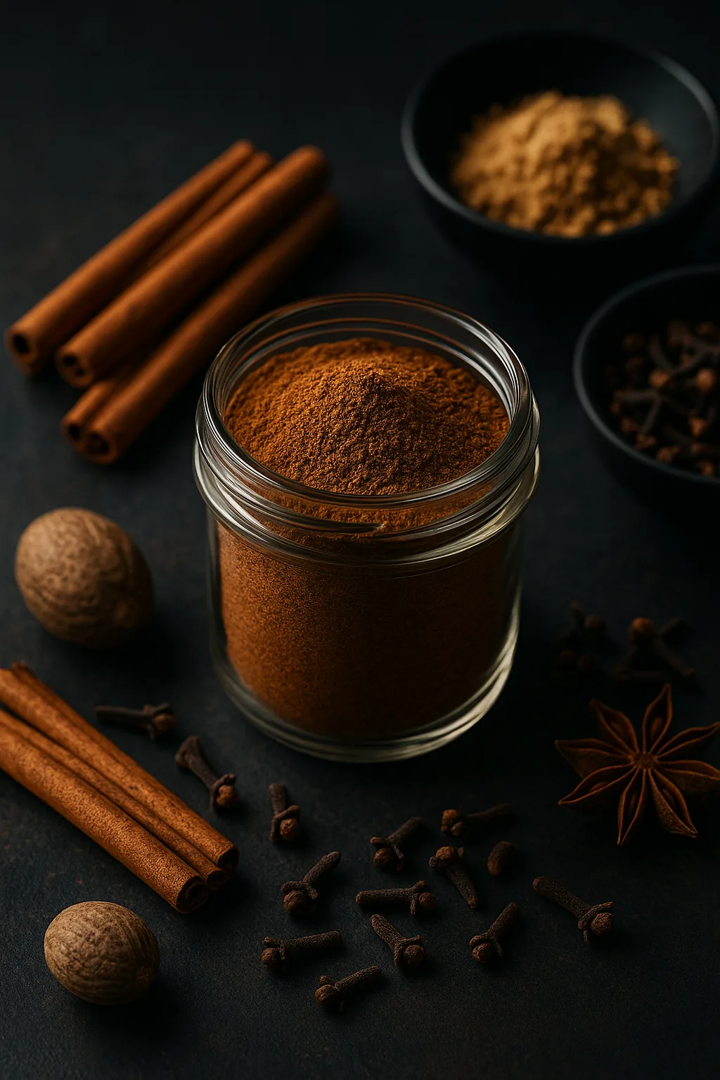 Glass jar of homemade pumpkin spice mix surrounded by cinnamon sticks, nutmeg, cloves, star anise, and ground ginger on a dark slate surface