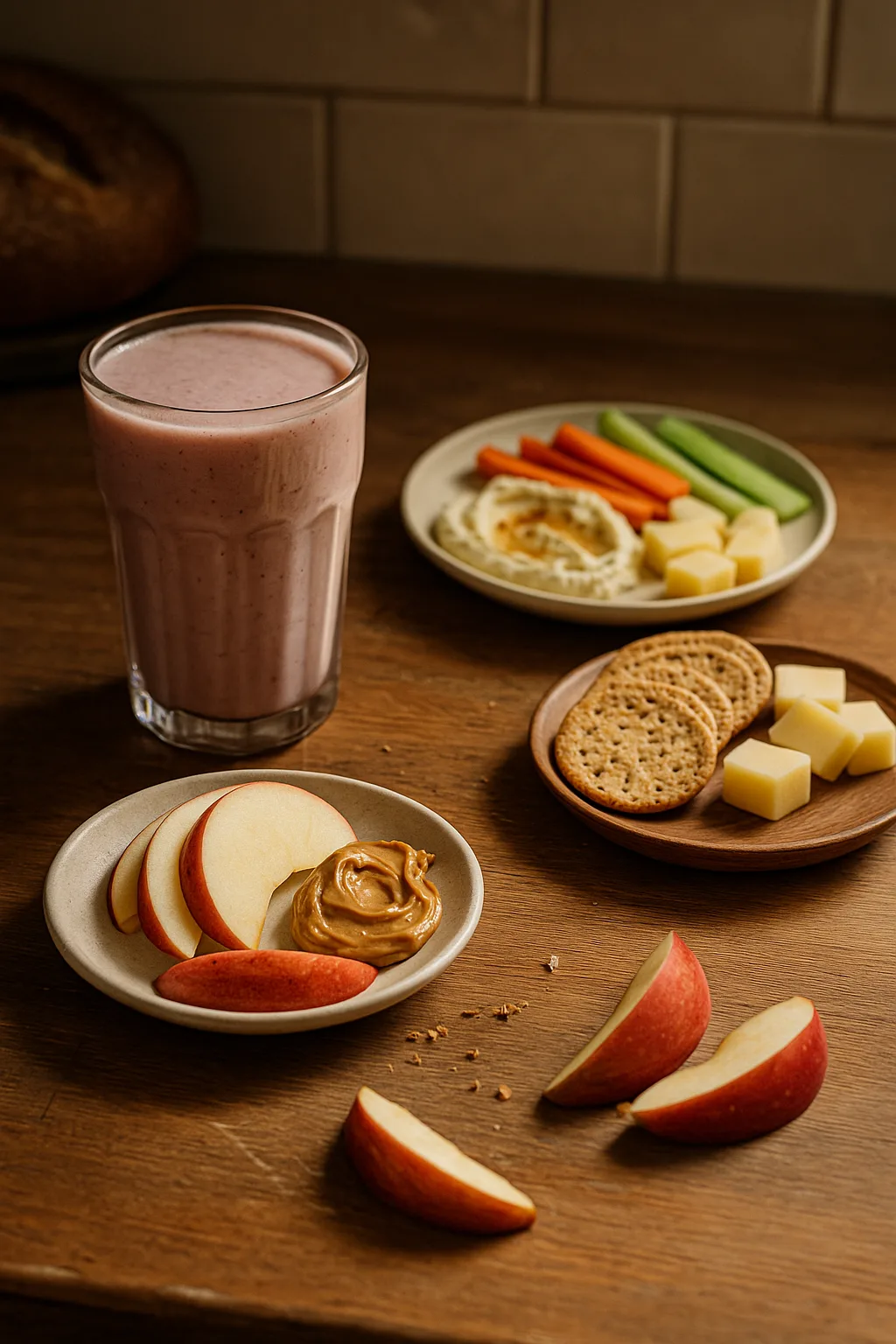 Easy Not Hungry Snack Ideas, A cozy kitchen counter with a smoothie, hummus plate, cheese and crackers, and apple slices with peanut butter, styled casually with crumbs and cut fruit.