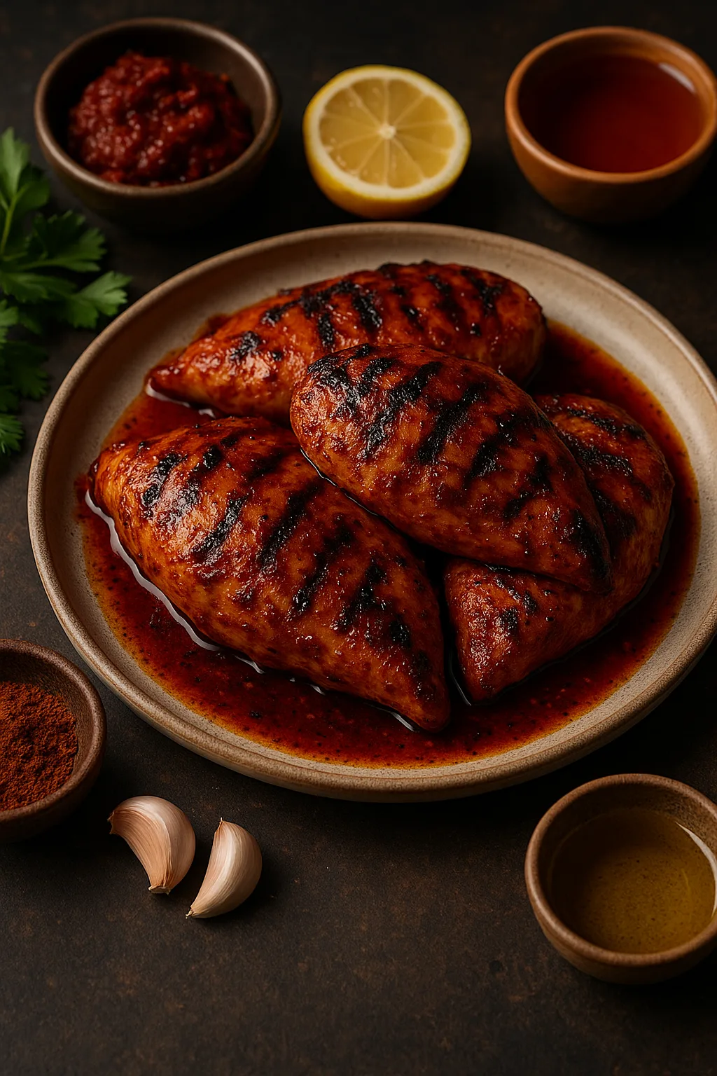 freezer friendly harissa honey chicken with lemon and herbs in cinematic lighting