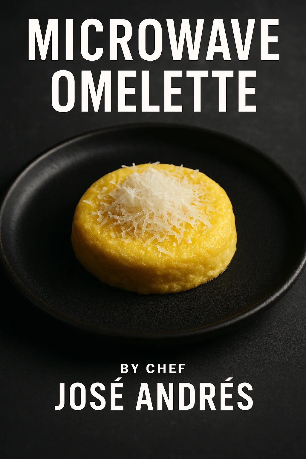 Small round microwave omelette by Chef Jose Andres topped with shredded Parmesan on a matte black plate, editorial magazine cover style