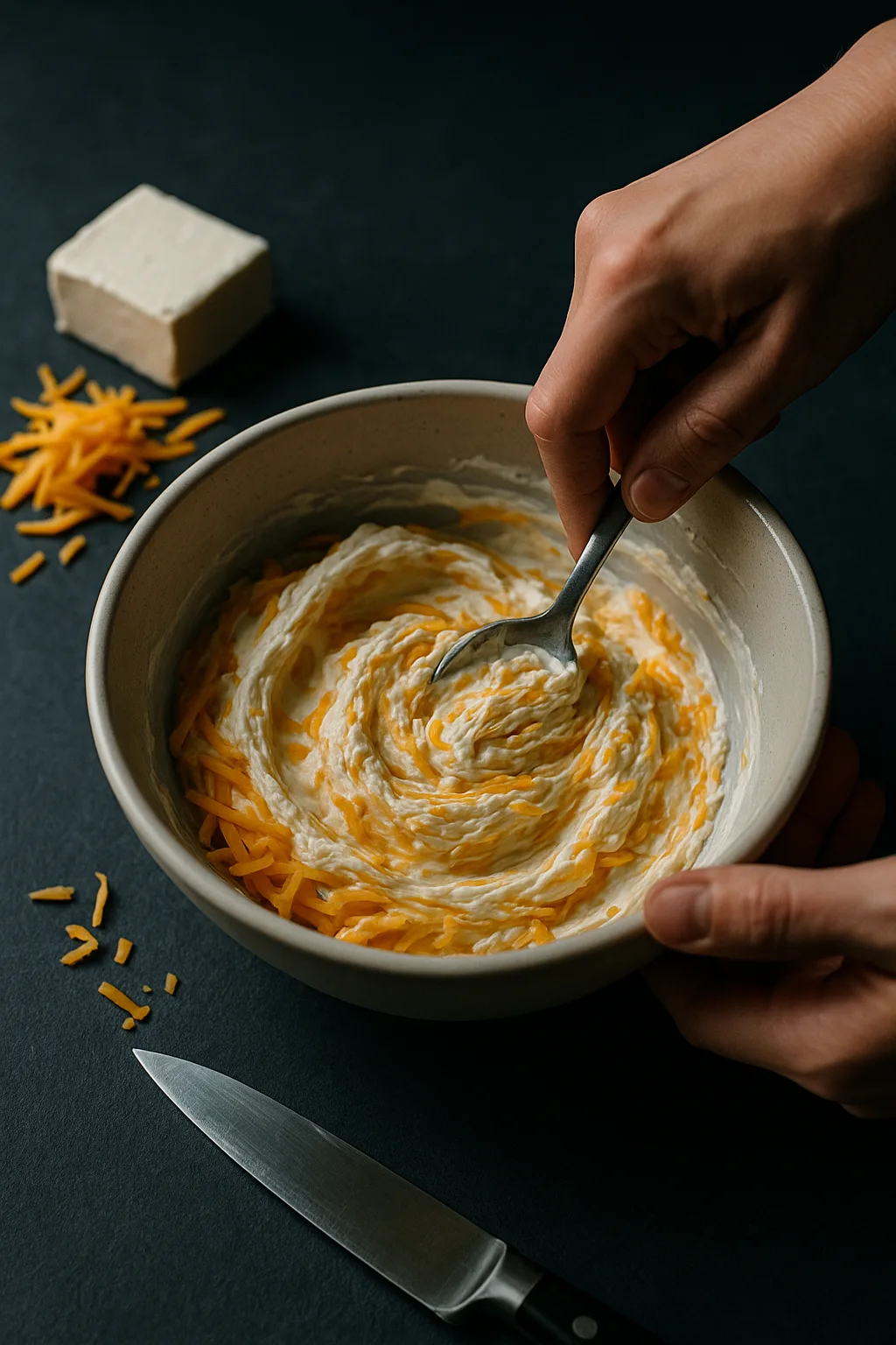 Hands stirring cream cheese and shredded cheddar in an off-white bowl on dark slate