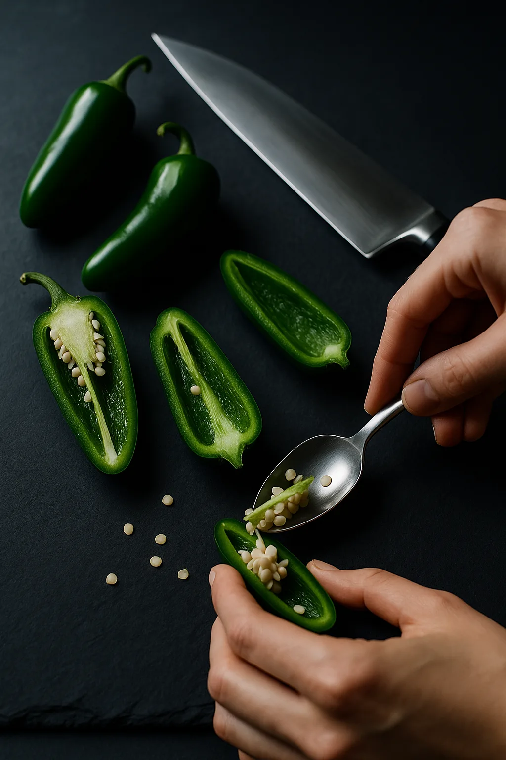 Hands slicing jalapeños lengthwise on dark slate with spoon and chef&rsquo;s knife