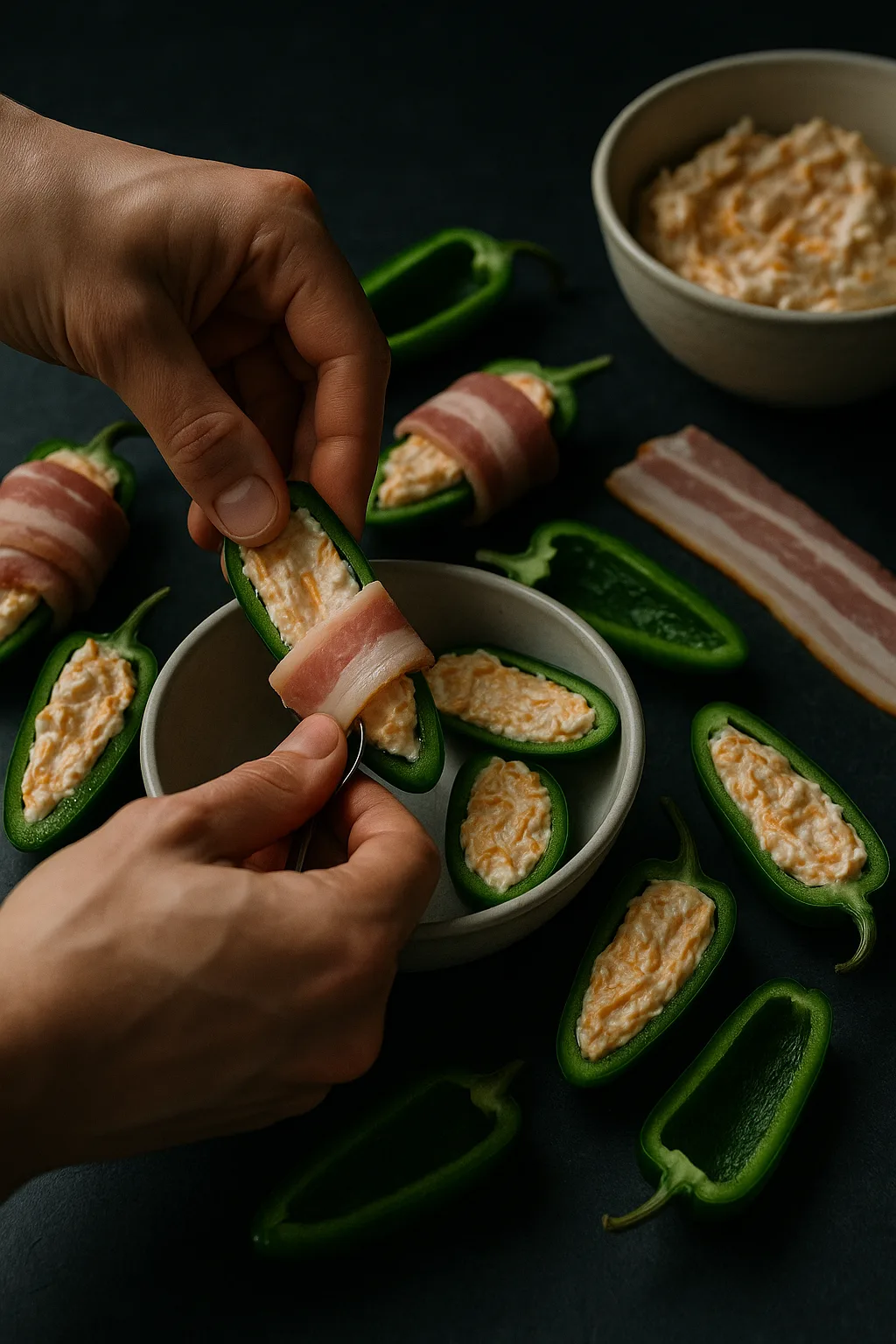 Moody editorial process shot of hand wrapping bacon around cheese-stuffed jalapeño halves on dark slate, 45 degree angle, 35mm natural light, 3:4