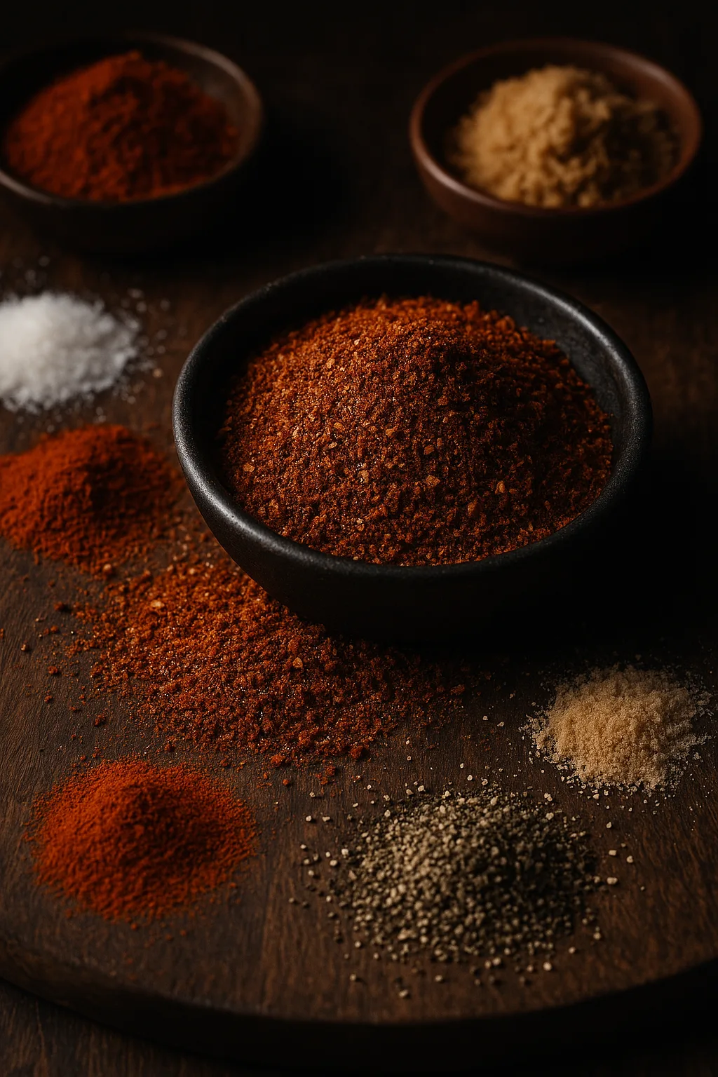 Overhead view of a black ceramic bowl filled with Nashville hot spice blend, surrounded by paprika, brown sugar, cayenne pepper, salt, garlic powder, and black pepper on a rustic wooden surface with warm cinematic lighting.