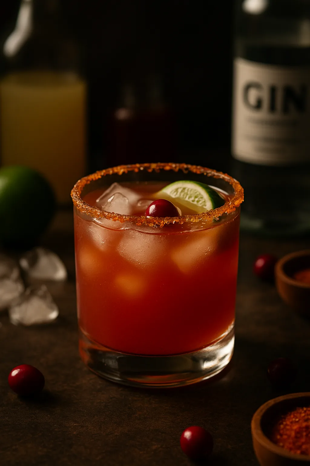 Petal and Spice cocktail with gin, elderflower, cranberry, and passion fruit juice in a rocks glass with a Tajín-sugar rim, surrounded by fresh ingredients.