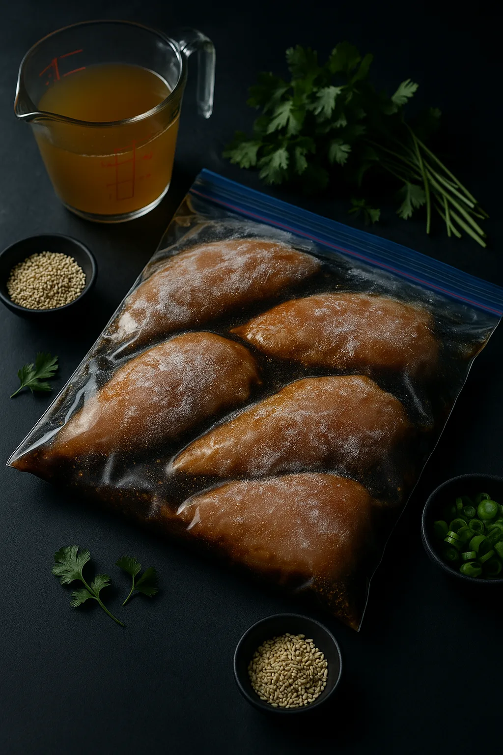 Moody editorial prep shot of frozen soy-ginger chicken in a freezer bag with broth, sesame seeds, green onions, and cilantro on dark slate