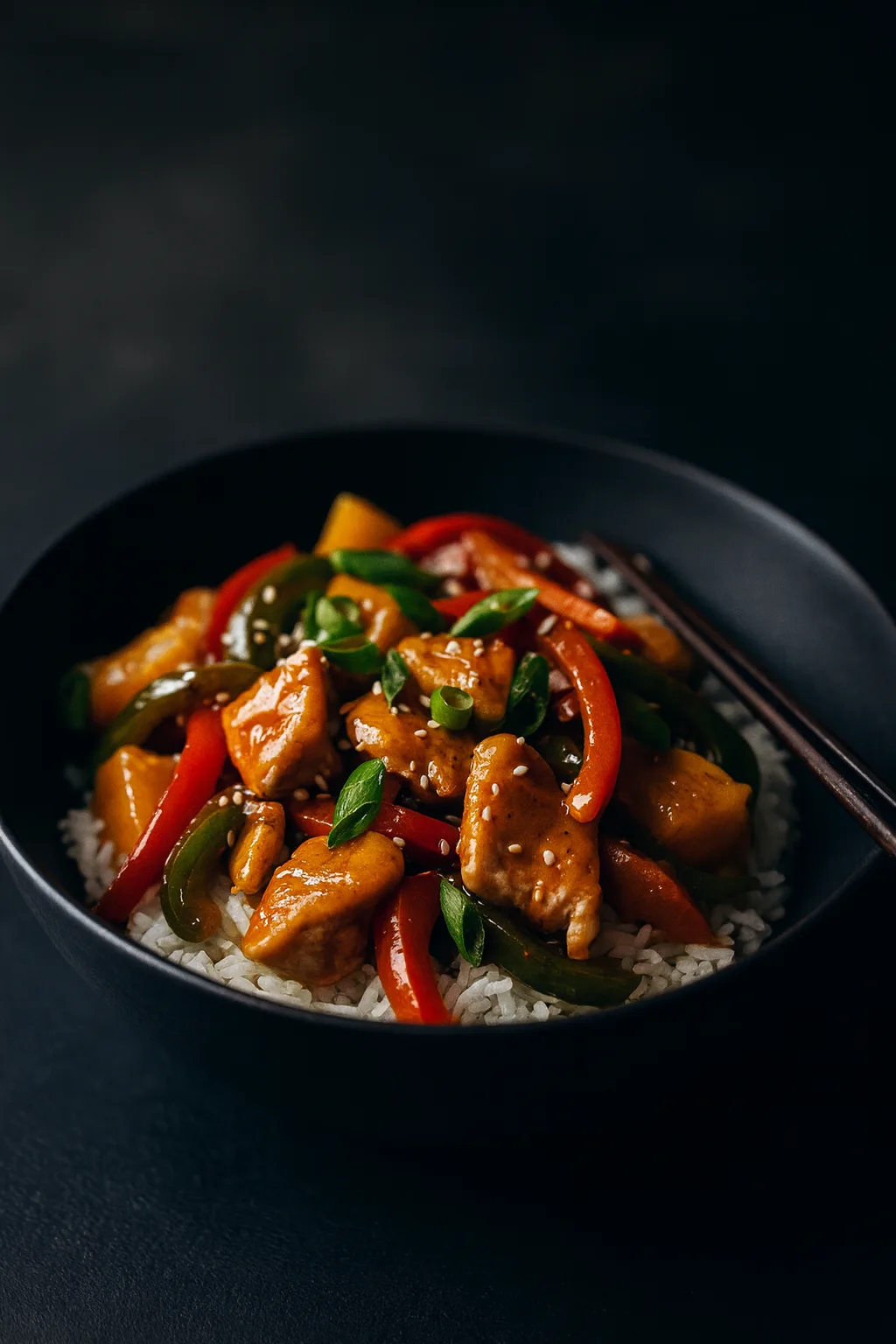 Sweet and spicy pineapple chicken with rice served in a matte black bowl, topped with sesame seeds and green onions
