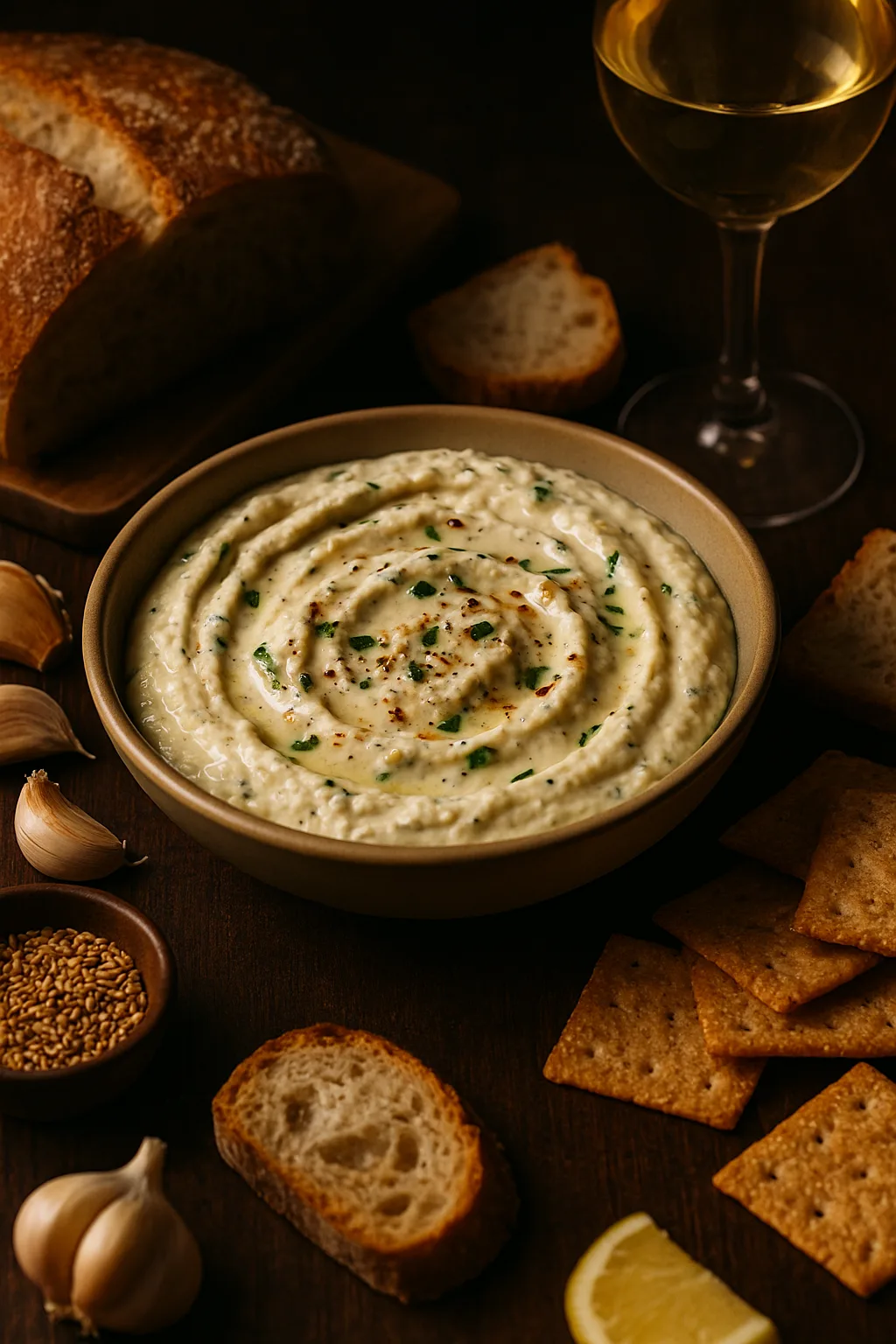 Creamy roasted garlic dip in a ceramic bowl, surrounded by bread slices, crackers, garlic cloves, sesame seeds, and a glass of white wine on a wooden table.