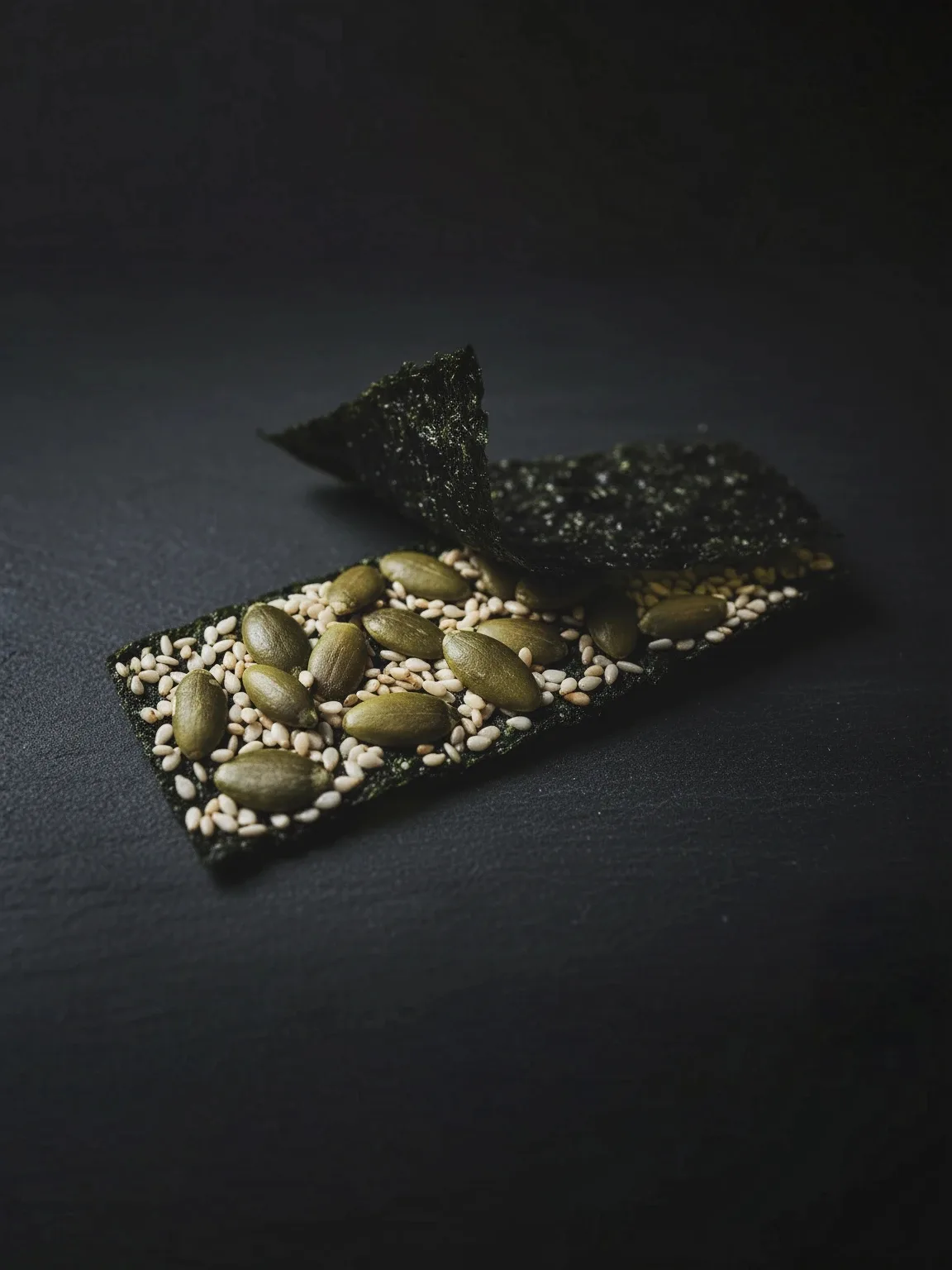 A pile of crispy seaweed snacks with visible sesame seeds and pumpkin seeds scattered on a dark surface