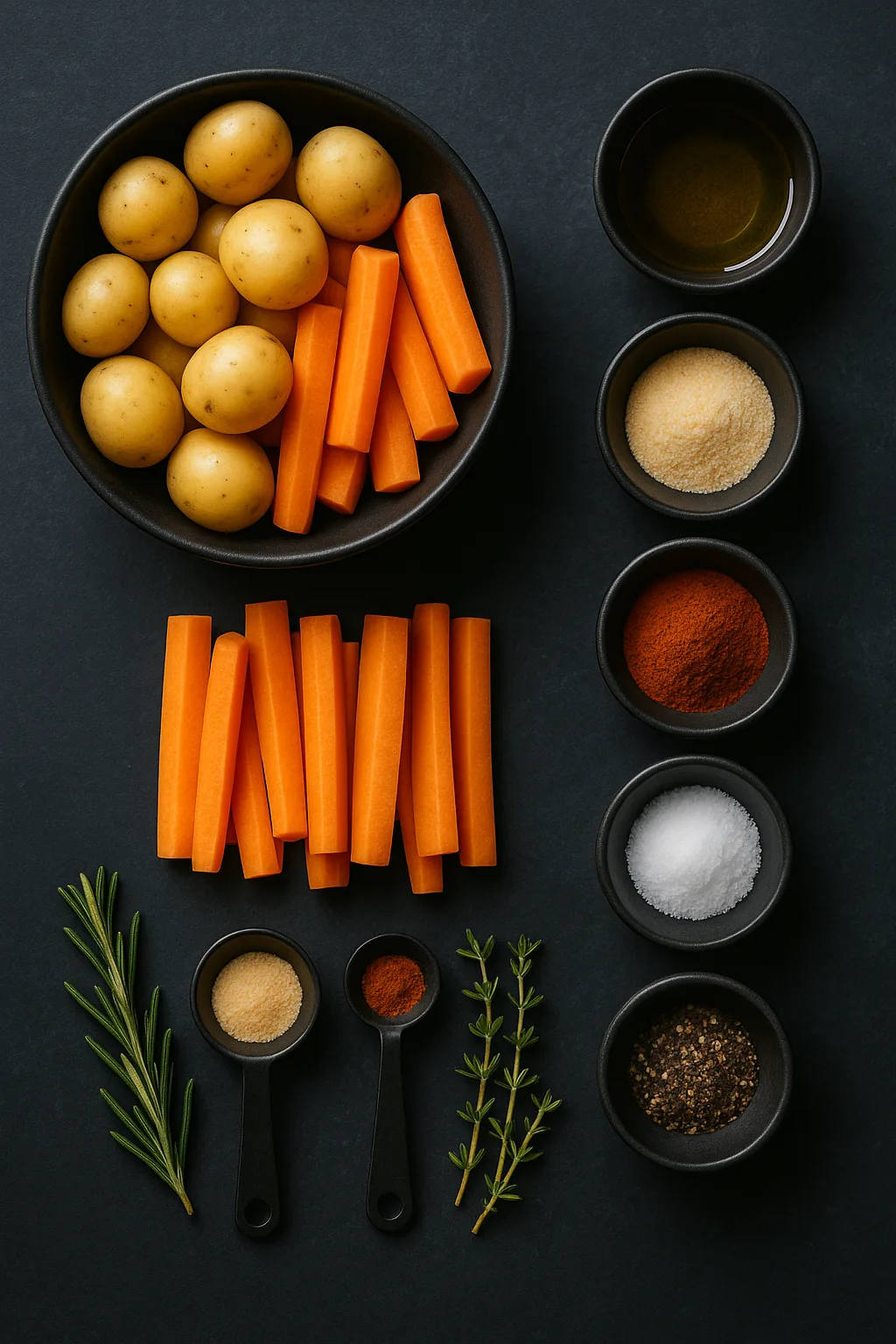 flat lay of air fryer mini potatoes and carrots ingredients on dark slate