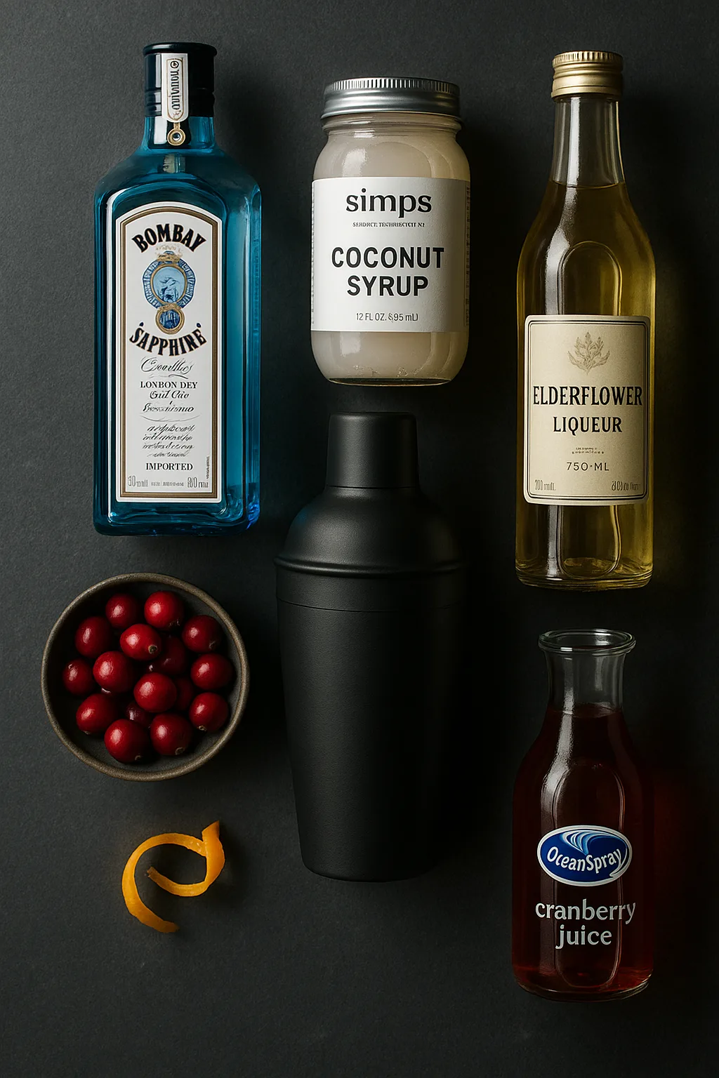 Flat lay of Coconut Berry Blossom cocktail ingredients with Bombay Sapphire gin, Simps coconut syrup, St-Germain elderflower liqueur, Ocean Spray cranberry juice, fresh cranberries, citrus peel, and a matte black shaker on dark slate