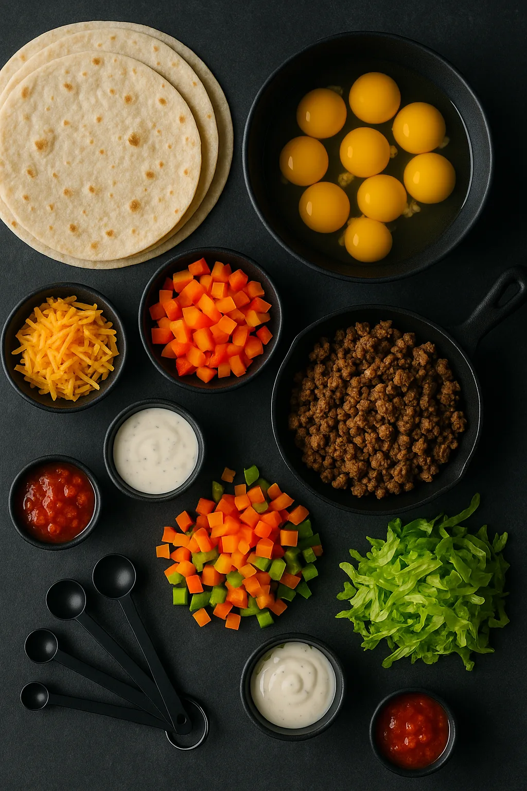 Overhead flat lay of ingredients for Fiesta Breakfast Wraps — tortillas, eggs, peppers, taco meat, cheese, lettuce, salsa, and ranch