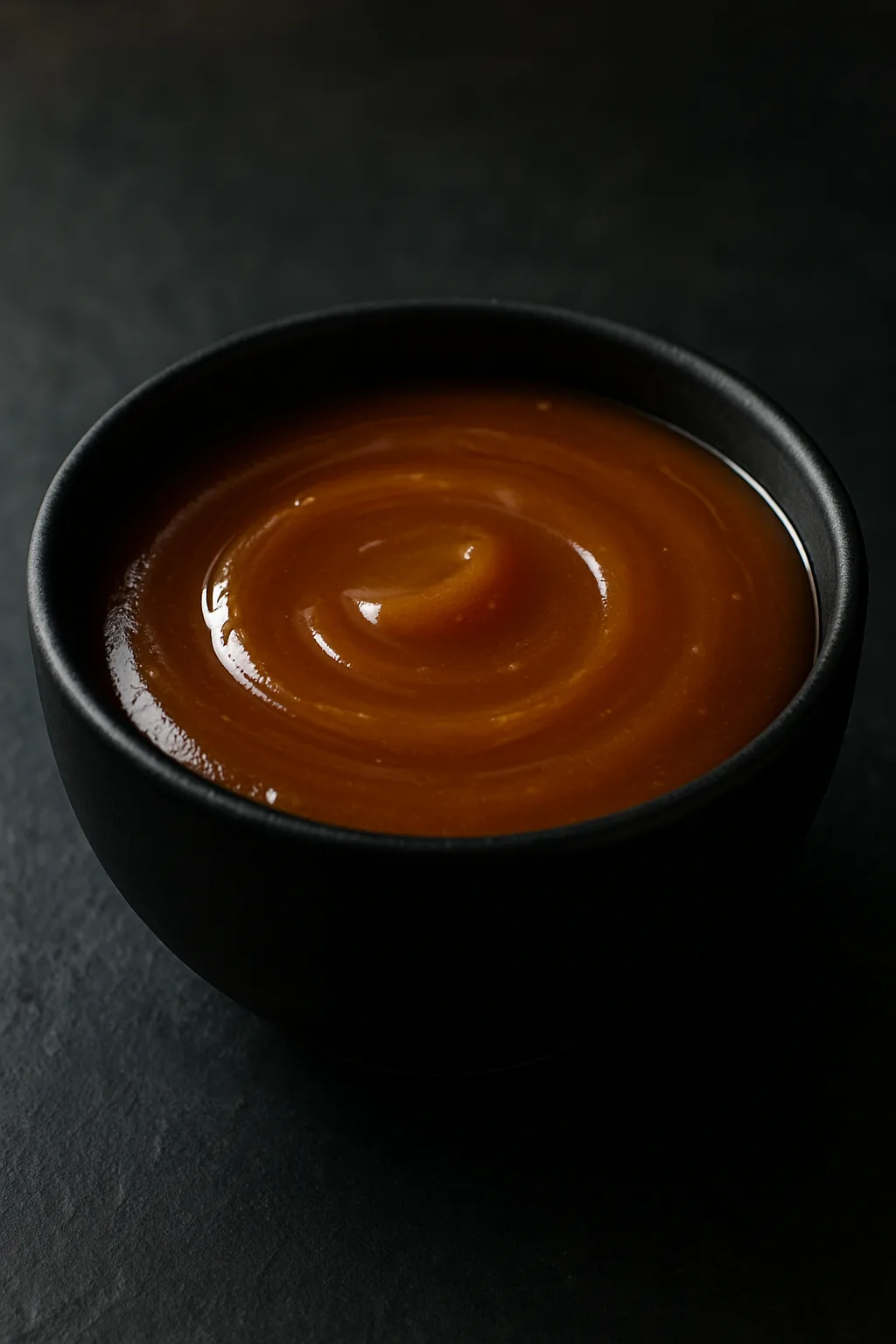 Homemade caramel sauce in a matte black ceramic bowl on a dark slate surface