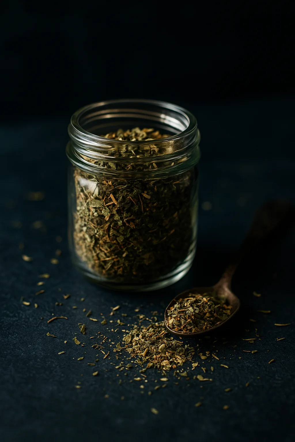 Homemade Italian seasoning in a small glass jar on a slate background with scattered herbs