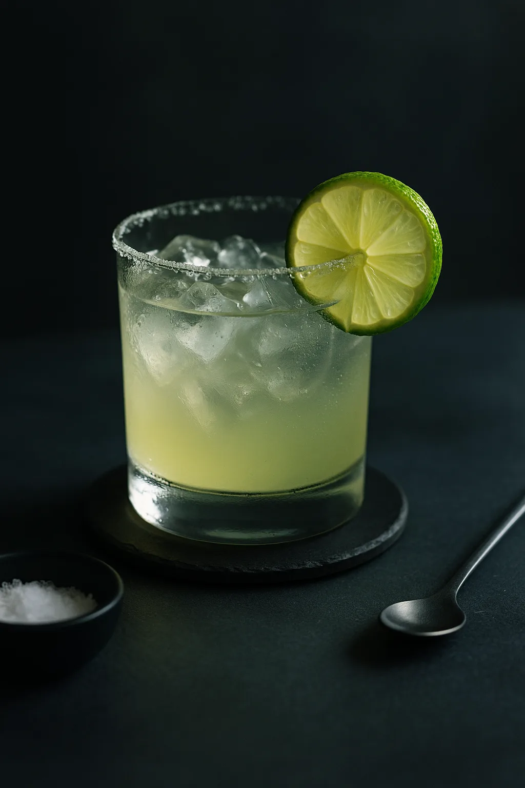 lime margarita served on dark slate with salt rim and lime wheel, cinematic serving scene