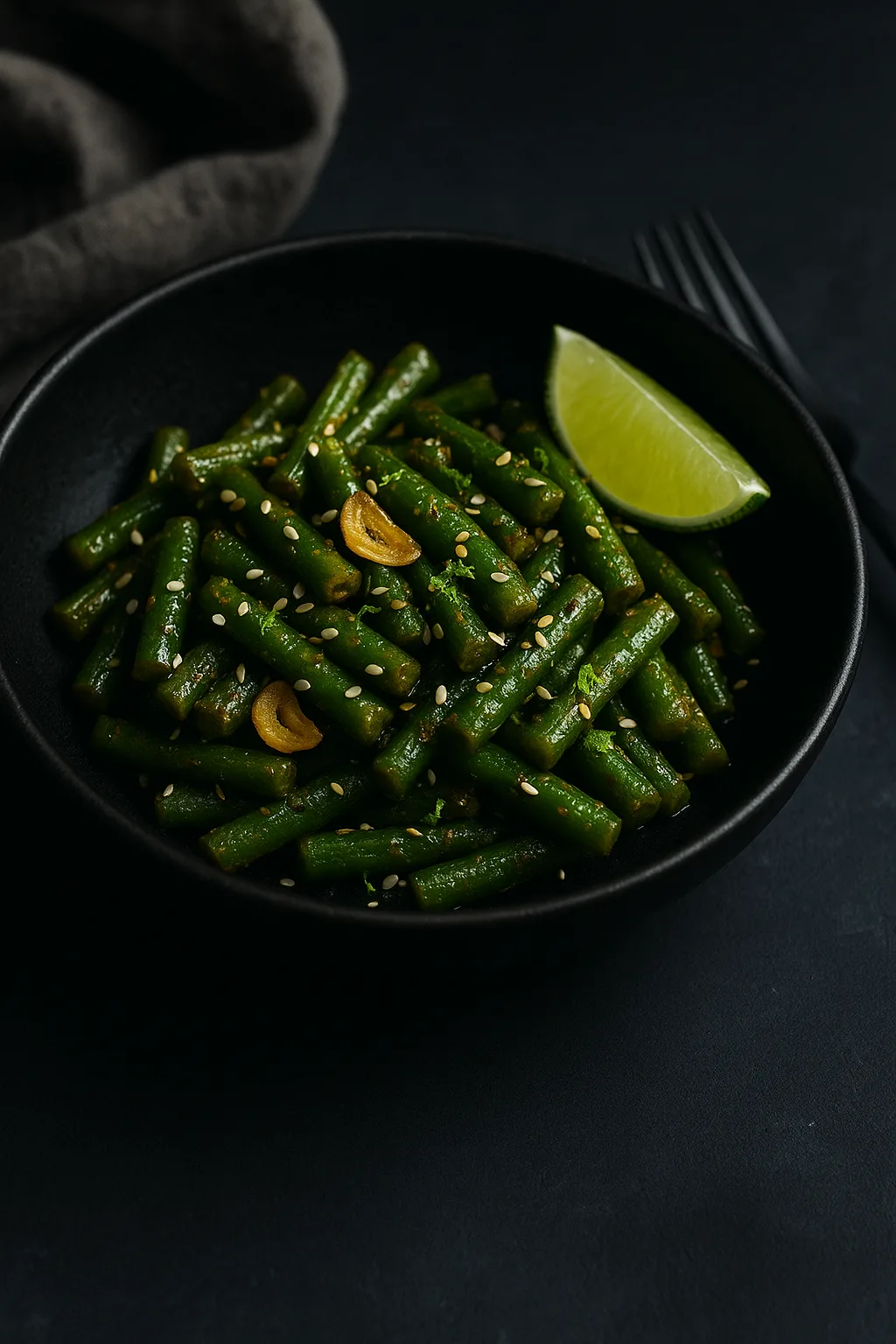 Masala Sizzled Garlic Green Beans served in a matte black ceramic bowl on a dark slate table with lime and sesame seed finish