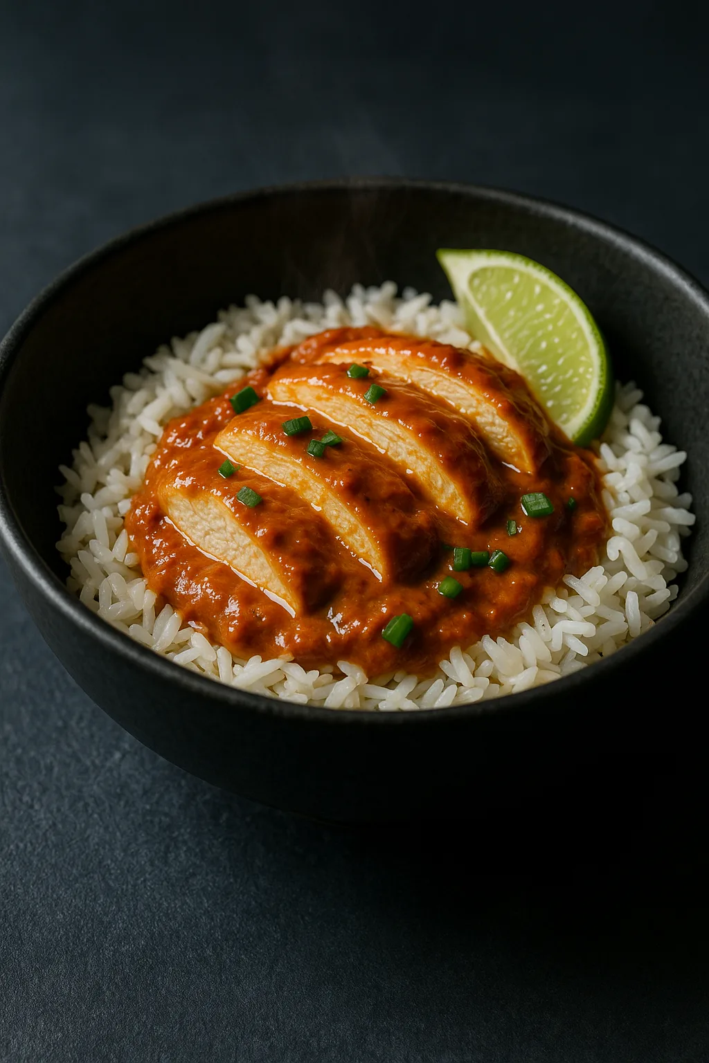 Moody editorial bowl of Instant Pot Tomato Coconut Masala Chicken with thick coconut tomato sauce over sliced chicken and rice, garnished with green onion and lime wedge