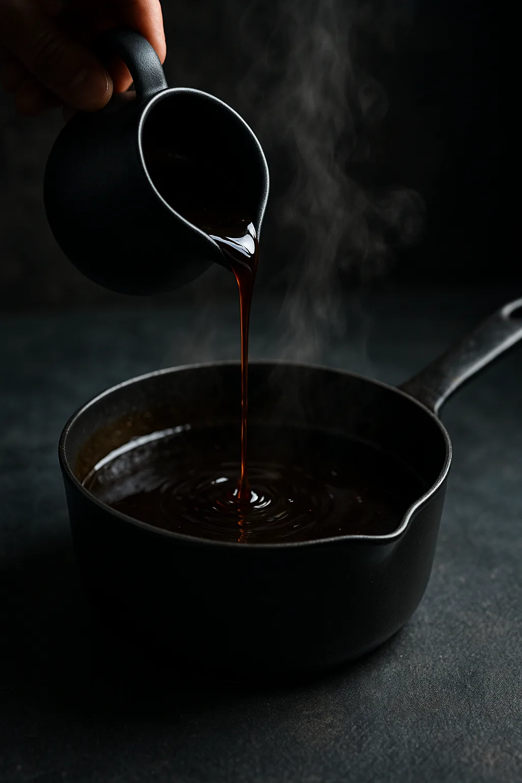 Ultra realistic action shot of homemade teriyaki sauce being poured into a simmering saucepan