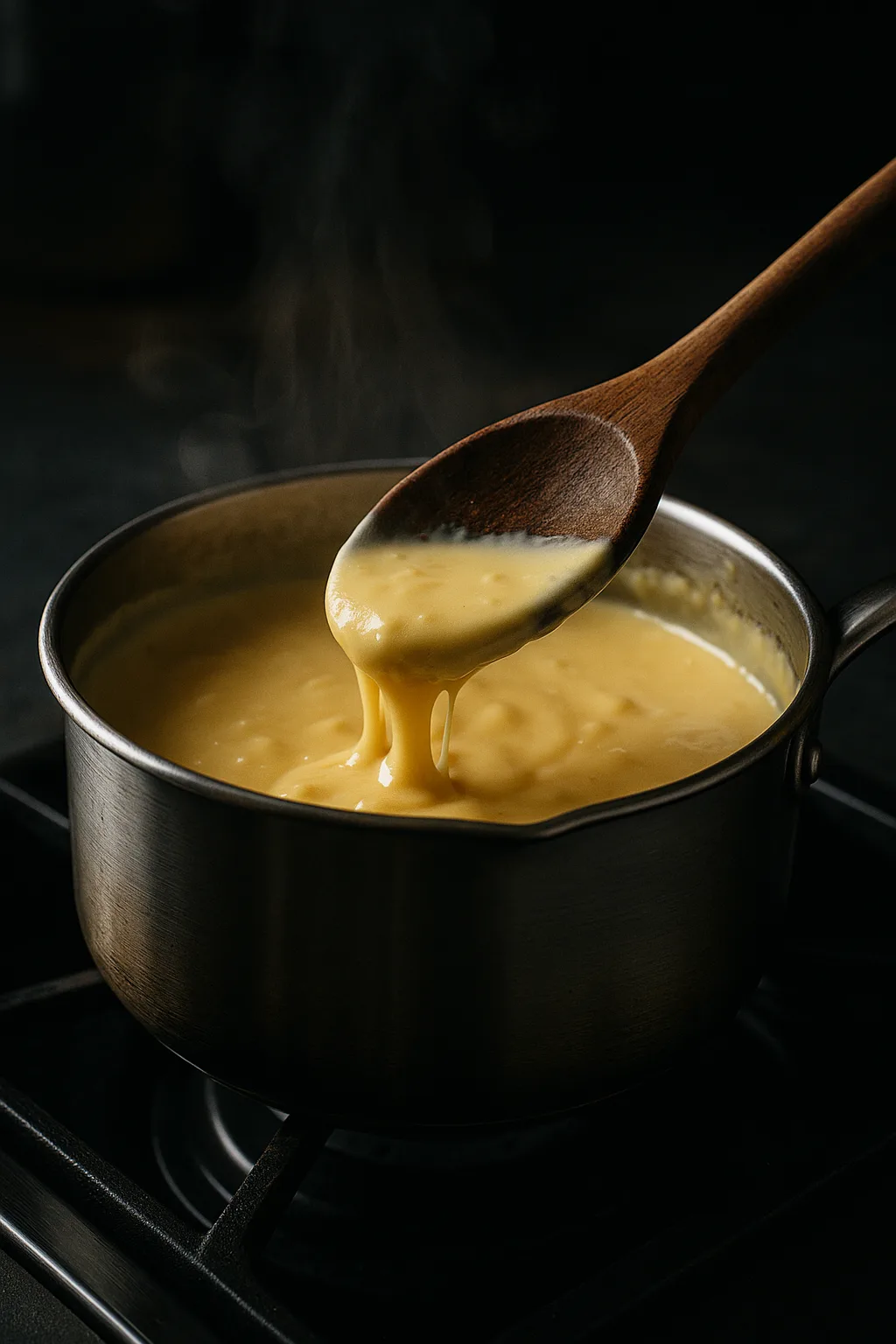 Wooden spoon stirring melted cheese into milk base in saucepan on stovetop