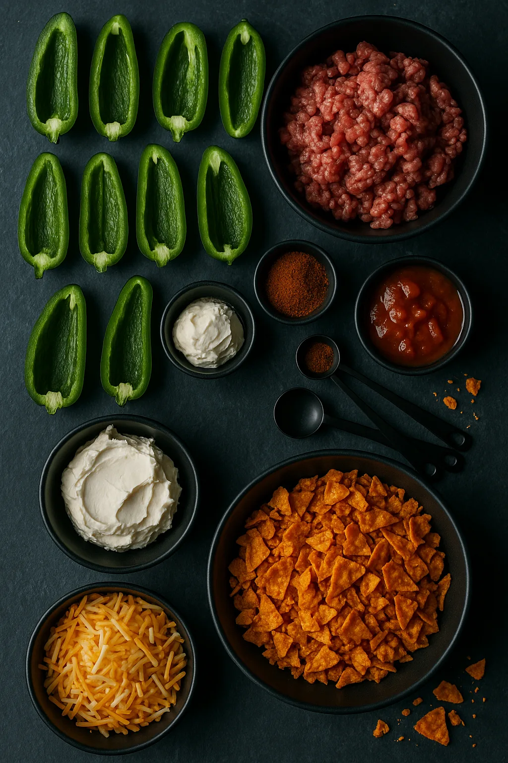 Ingredients for Doritos taco stuffed jalapeño poppers arranged on a slate board